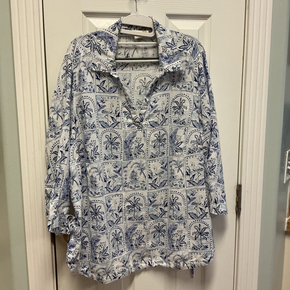 C&C California 100% Linen SZ 1X Popover Vneck Blouse Tropical Birds Ships Print